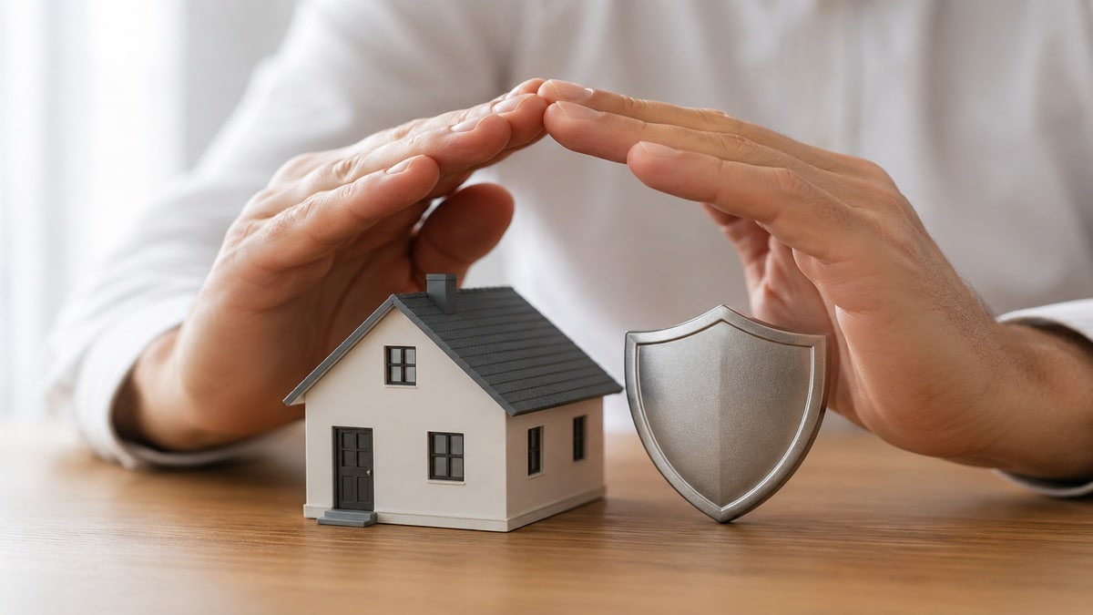 L’image représente une maison miniature protégée par deux mains formant un geste de sécurité, accompagnée d’un bouclier métallique. La composition minimaliste et réaliste illustre la stabilité financière et la protection qu’offrent les prêts hypothécaires à taux fixe en France. L’éclairage doux et l’absence d’éléments visuels excessifs renforcent l’idée de confiance, de sérénité et de sécurité économique.